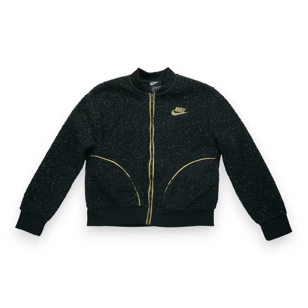 Nike Loose Fit‎ Kids Black & Gold Full Zip Sherpa Jacket Size Large DM2337